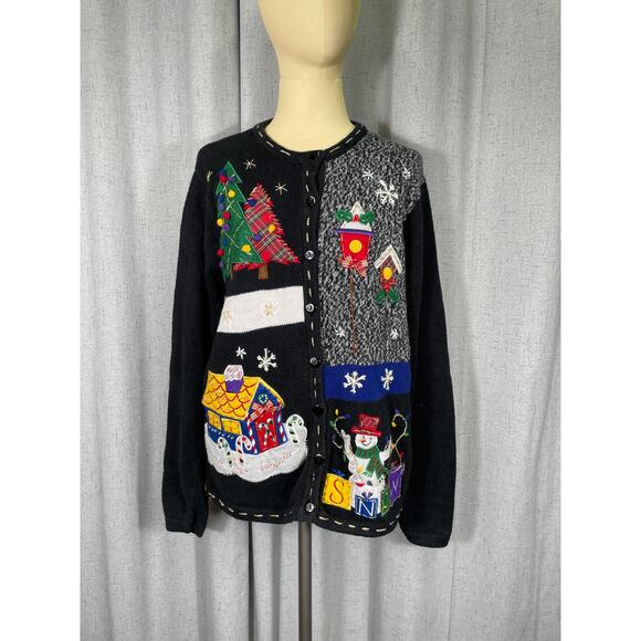 Vintage Ugly Christmas Sweater, Cardigan, Snowmen, Holly, Christmas Trees - Picture 1 of 8
